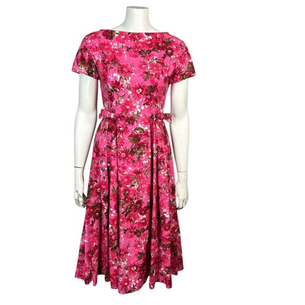 Lanz‎ Original Vintage Dress XS 50s Pink Floral Fit Flare Bow Pleated Rockabilly